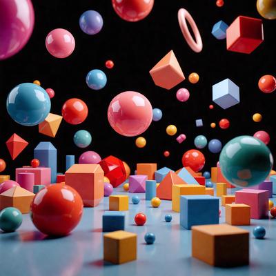 The primary subject of the image is a collection of colorful balls, including red, blue, and yellow ones, floating in the air. The setting is a dark background, which contrasts with the vibrant colors of the balls. The visual style appears to be a combination of digital art and illustration, creating a dynamic and lively atmosphere. The dominant colors and overall mood of the image are energetic and playful, as the balls seem to be in motion and interacting with each other.